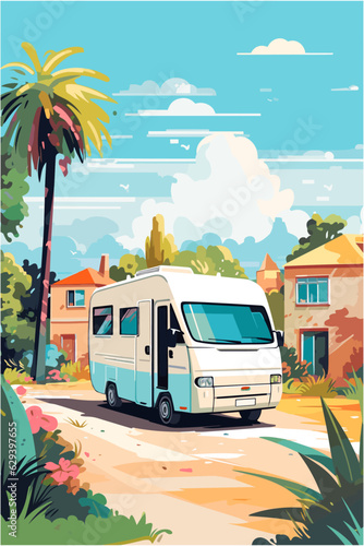 Vector RV motorhome road trip in European south village illustration concept. Retro poster for van life, vacation, landscape. Background art