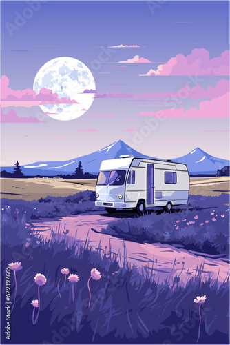 Vector RV motorhome road trip close to mountains and lavender field at night illustration concept. Retro poster for van life, vacation in truck, mountains landscape
