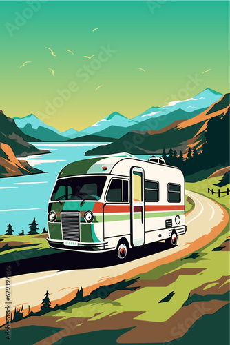 Vector RV motorhome road trip on highway with mountains and river illustration concept. Retro poster for van life, vacation in mobile home, nature landscape