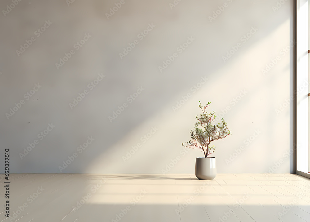 Minimalist Ceramics: Light-Filled Room with Glass Walls and Floor Plant in Light Gray: Mockup Minimalist Ceramics: Light-Filled Room with Glass Walls and Floor Plant in Light Gray: Mockup