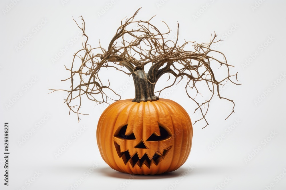 Spooky and twisted pumpkins with eerie faces on a clean white background. Generative AI Spooky and twisted pumpkins with eerie faces on a clean white background. Generative AI