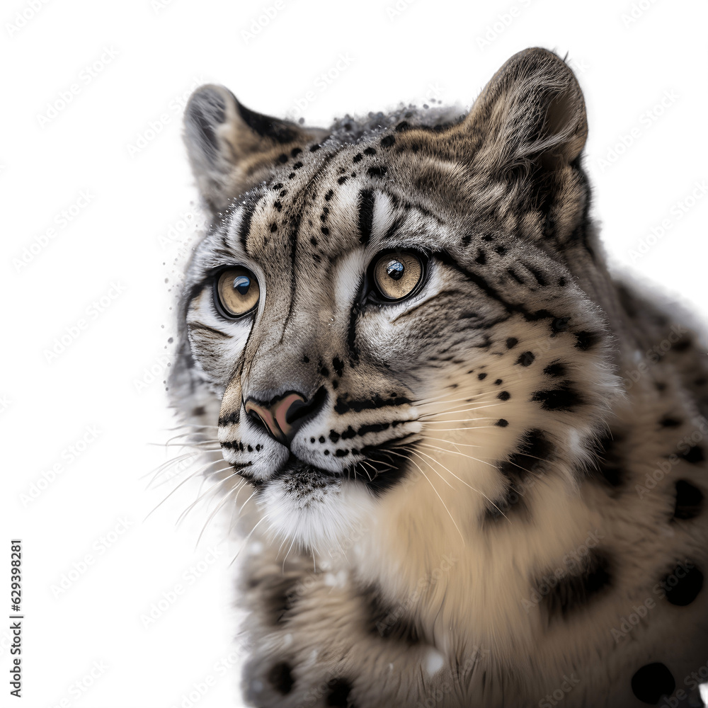 Fototapeta premium Snow leopard isolated on white background, Transparent cutout 
