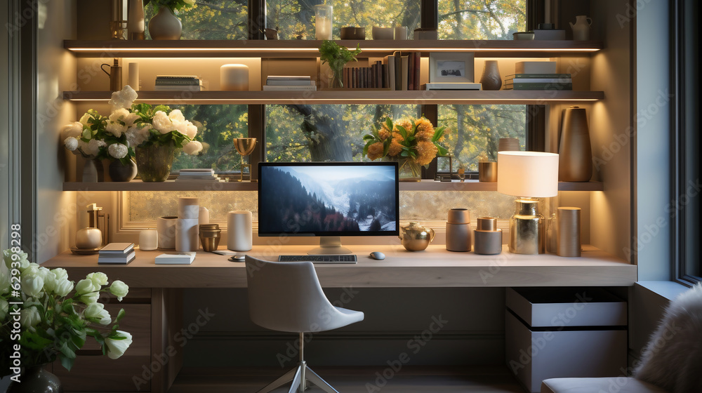 Warmly Lit, Sophisticated Workspace with a View of Sunlit Trees
