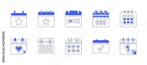 Calendar icon set. Duotone style line stroke and bold. Vector illustration. Containing event, calendar, schedule, annual calendar, calendar date, date, calendar event.