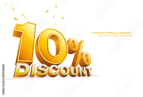 10 percent discount number symbol 3d font yellow orange gold Isolated on white background. advertisements, coupons, sales promotions. illustrator 3d vector file. photo