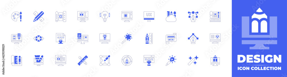 Design icon collection. Duotone style line stroke and bold. Vector illustration. Containing art, design, graphic design, idea, user experience, web design, responsive design, design tool, and more.