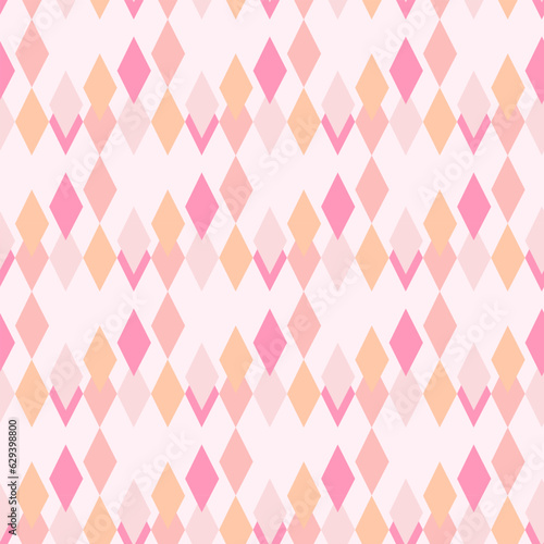 Pink diamonds on a light background. Seamless pattern. Symmetrical rows of figures, delicate light image. Background for paper, cover, fabric, interior decor.