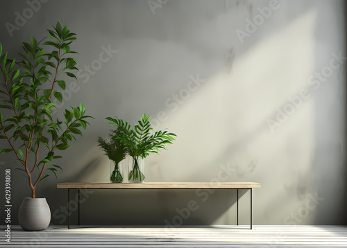 Bright and Serene  3D Render of Grey Walls  Room  and Plant Mock-Up 