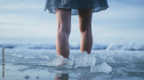 Female legs in ice water