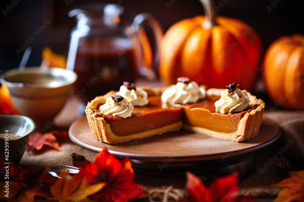 Pumpkin tart with whipped cream and caramel on a wooden background Pumpkin tart with whipped cream and caramel on a wooden background