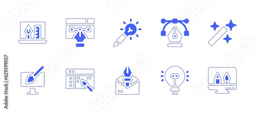 Design icon set. Duotone style line stroke and bold. Vector illustration. Containing graphic design, art and design, pen tool, magic wand, app design, mail, idea.