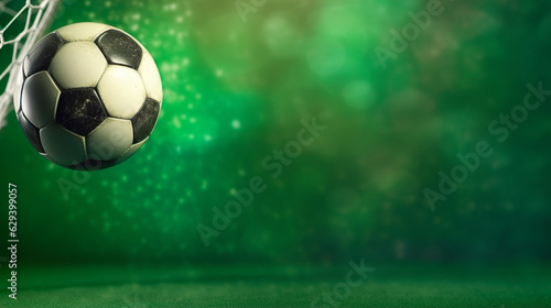 Soccer ball with goal net on green background. © Anna