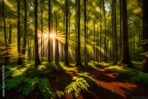 Shafts of sunlight filter through the foliage  creating a mesmerizing play of light and shadow on the forest floor. The tranquility of the moment generative ai technology 