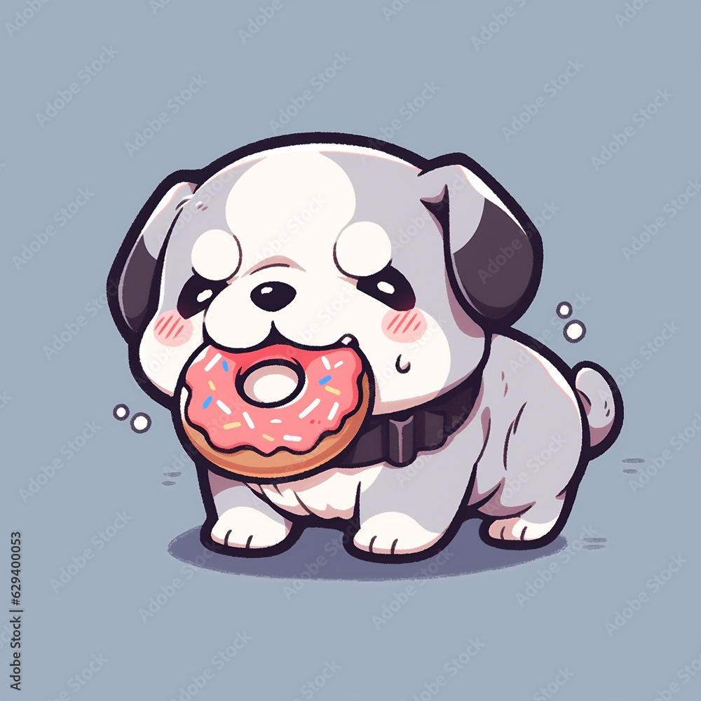 Obraz premium American Bulldog eat doughnut animal chibi cartoon style isolated plain background