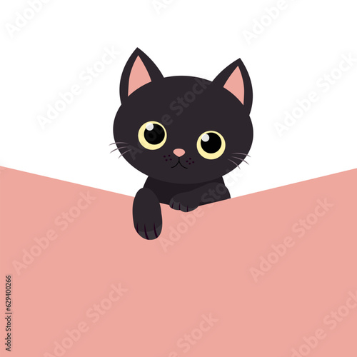 Black cat holding pink blank paper for text. Empty signboard. Pet notice banner concept. Cute cartoon kawaii funny baby character. Kitten with yellow eyes. Paw print. Flat design.
