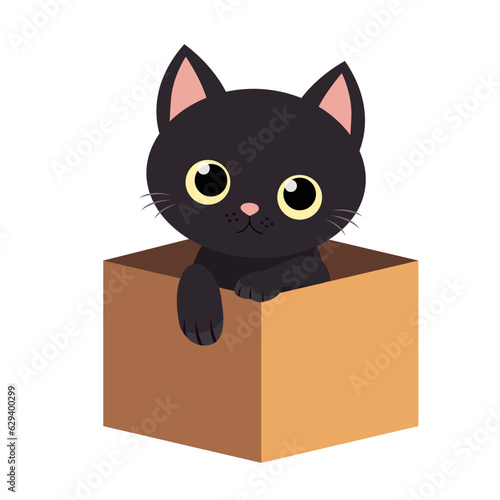 Black cat inside opened cardboard package box. Adopt me. Pet adoption. Kitten with big yellow eyes. Flat design style. Help homeless animal concept. Paw print. White background. Isolated.