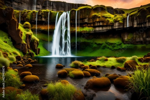  The Seljalandsfoss waterfall  a breathtaking natural wonder in Iceland  cascades gracefully from a height  its pristine waters reflecting the warm hues of the setting sun generative ai technology 