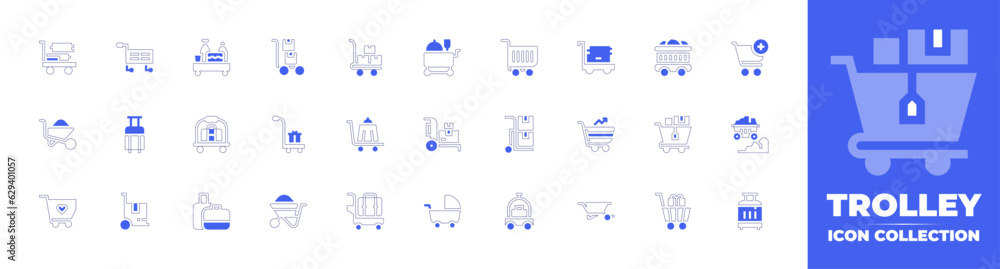 Trolley icon collection. Duotone style line stroke and bold. Vector illustration. Containing luggage, cart, trolley, food trolley, shopping cart, baggage, coal, add cart, wheelbarrow, and more.