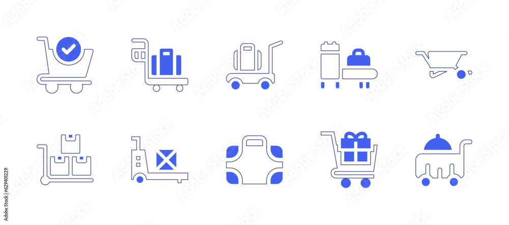 Trolley icon set. Duotone style line stroke and bold. Vector illustration. Containing shopping cart, trolley, luggage, checkpoint, wheelbarrow, boxes, shopping trolley, food trolley.