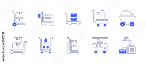Trolley icon set. Duotone style line stroke and bold. Vector illustration. Containing trolley, trolley cart, coal, trolley bus, baggage.