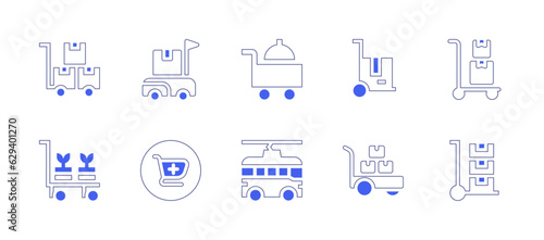 Trolley icon set. Duotone style line stroke and bold. Vector illustration. Containing delivery cart, delivery box, food trolley, trolley, plant pot, add cart, trolley bus.