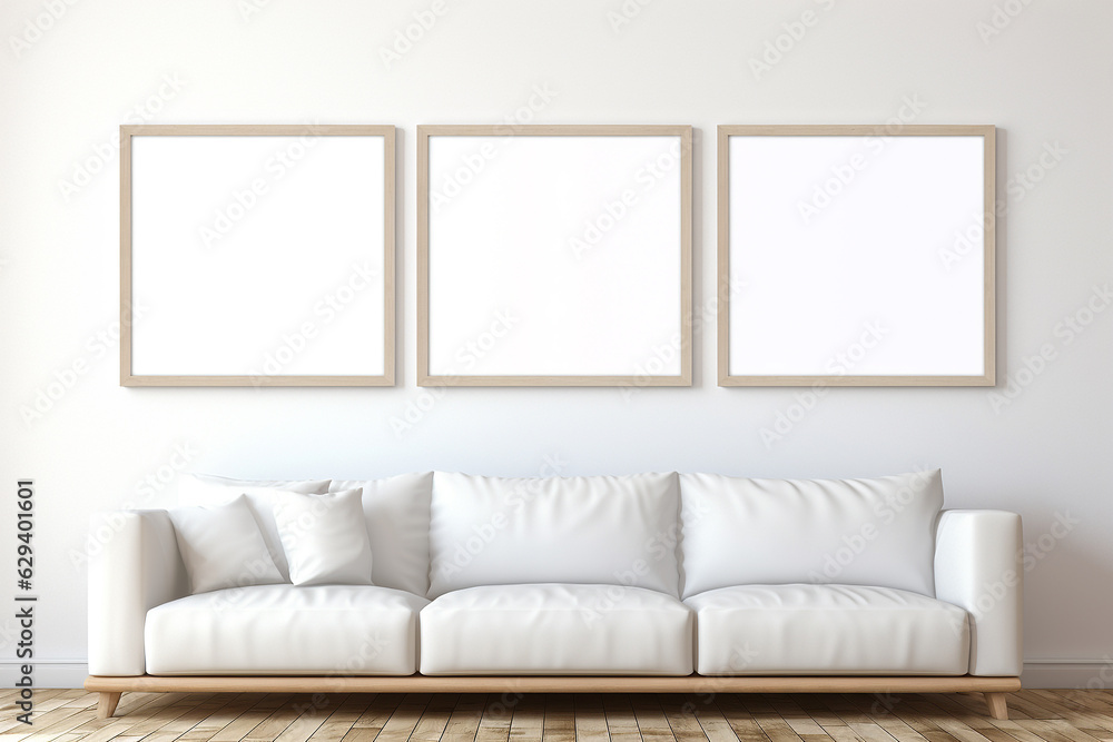 Blank horizontal poster frame mock up in living room interior, Modern living room interior background. Generated AI Blank horizontal poster frame mock up in living room interior, Modern living room interior background. Generated AI