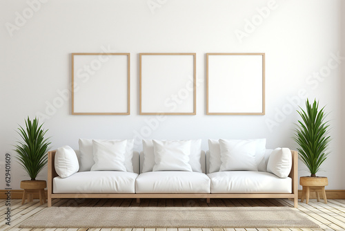 Blank horizontal poster frame mock up in living room interior, Modern living room interior background. Generated AI © nuruddean