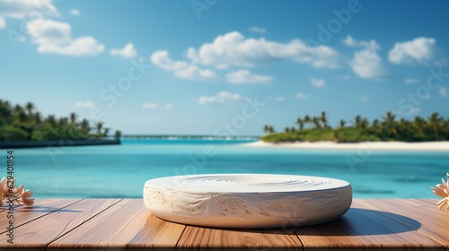夏の海が見えるテーブルの上の展示台　　 © shin project