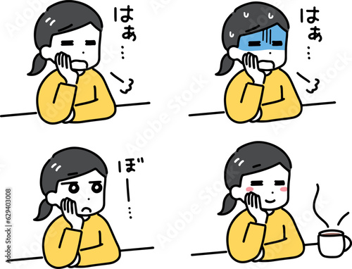 頬杖をつく私服の若い女性の表情のセット(上半身)