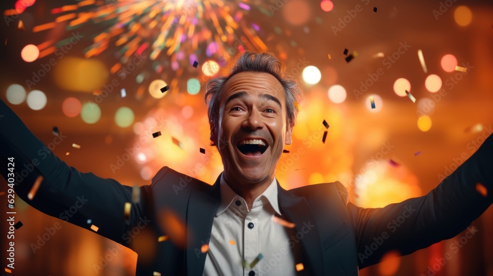 A businessman celebrate with his success on his business. A businessman celebrate with his success on his business.