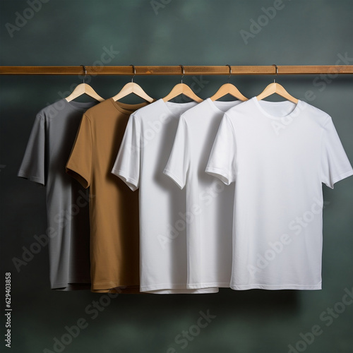 hanging t-shirt mock up, daylight in studio, T-shirt advertisement, merchandise, dark background, rack clothes. AI Generated Image 