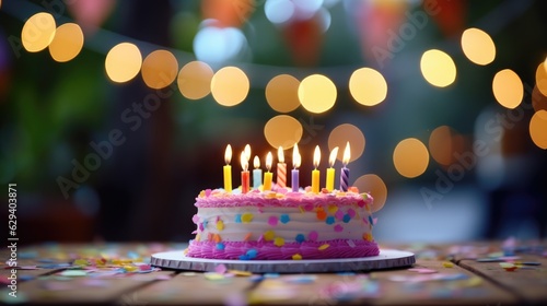 birthday cake on table at birthday party celebration at night with bokeh light. 