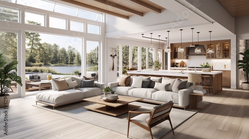 Modern and simple white luxury interior and lake view. Generative AI