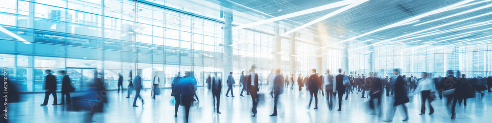 blurred vip business people walking at a trade fair, conference or walking in a modern hall.