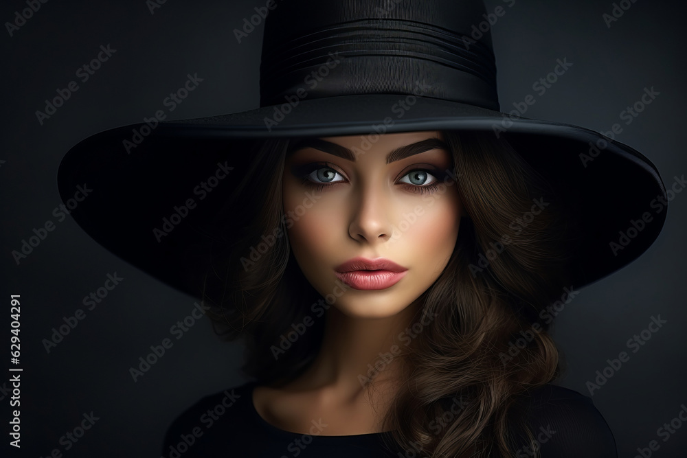 Dramatic dark studio portrait of elegant and sexy young woman in black wide hat and black dress. Dramatic dark studio portrait of elegant and sexy young woman in black wide hat and black dress.