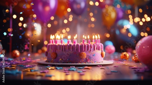 birthday cake on table at birthday party celebration at night with bokeh light. 