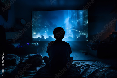 Leinwand Poster Concept of gaming addiction, featuring back view of a boy sitting in a dark room, lit by the glow of a screen