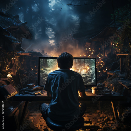 Concept of gaming addiction, featuring back view of a boy sitting in a dark room, lit by the glow of a screen. Capturing immersive nature of excessive gaming and its potential risks. © AI_images