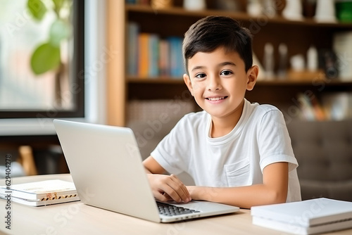 Cute little girl using laptop at home, Education, online study, home studying, distance learning, homework, schoolgirl children lifestyle concept. © AI_images