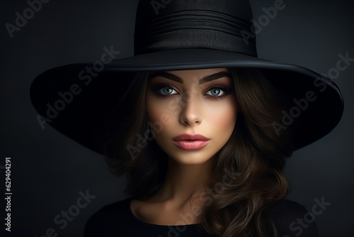 Dramatic dark studio portrait of elegant and sexy young woman in black wide hat and black dress. © AI_images