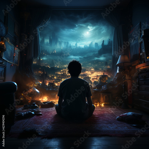 Concept of gaming addiction, featuring back view of a boy sitting in a dark room, lit by the glow of a screen. Capturing immersive nature of excessive gaming and its potential risks. © AI_images