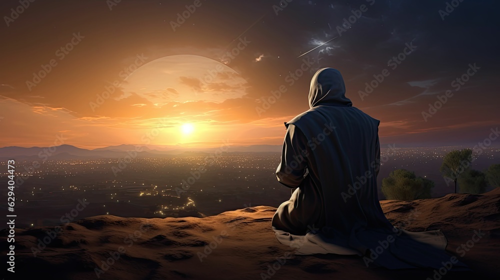 photograph of A Muslim man is facing the sunset and praying namaz or salah. Serene holy night background.generative ai