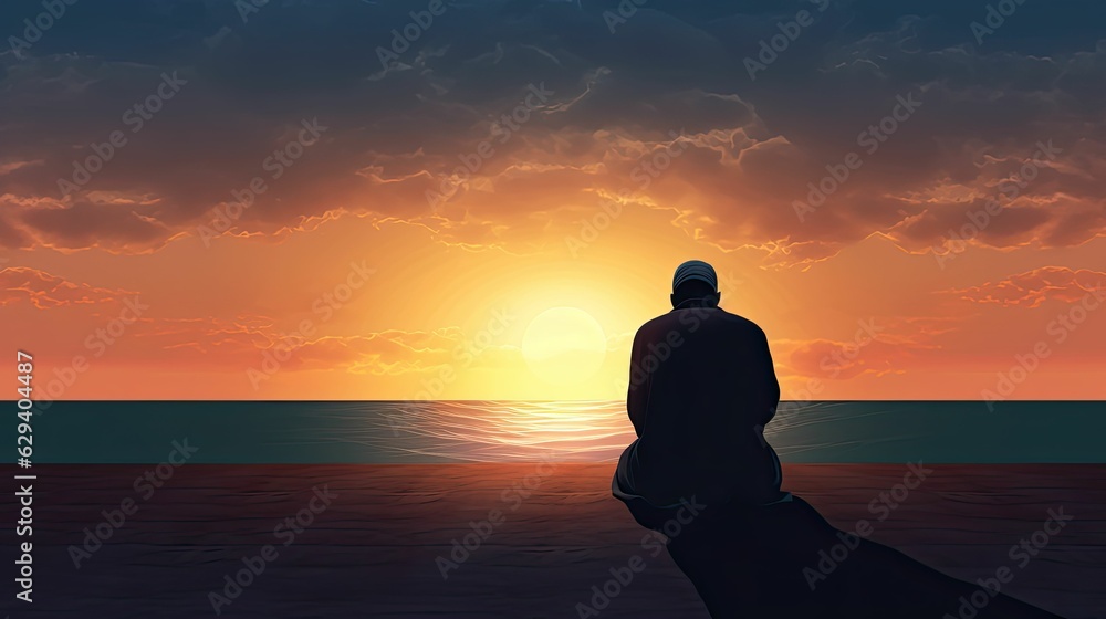 photograph of A Muslim man is facing the sunset and praying namaz or salah. Serene holy night background.