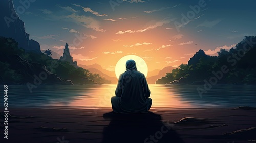 photograph of A Muslim man is facing the sunset and praying namaz or salah. Serene holy night background. photo