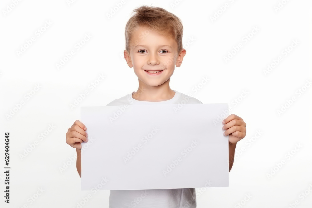 Happy Scholl boy holding blank white banner sign, isolated studio portrait. Happy Scholl boy holding blank white banner sign, isolated studio portrait.