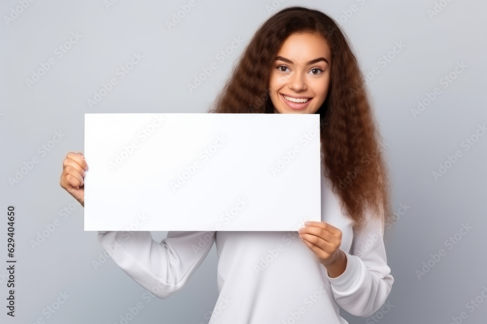 Happy young woman holding blank white banner sign, isolated studio portrait . Happy young woman holding blank white banner sign, isolated studio portrait .