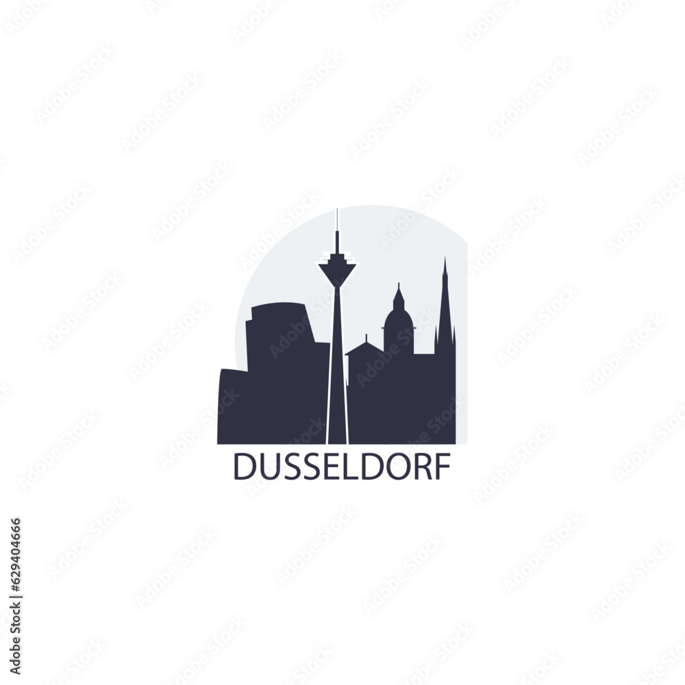 Germany Dusseldorf cityscape skyline capital city panorama vector flat modern logo icon. Central Europe region emblem idea with landmarks and building silhouettes at sunset sunsrise
