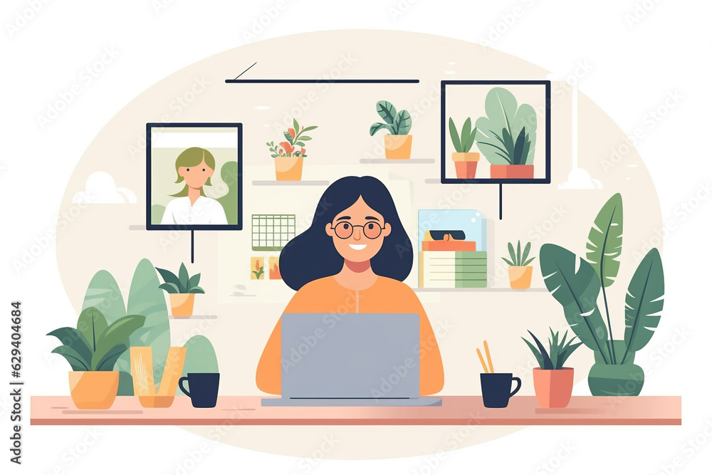 Meeting online. Woman having discussion or web conference chat. Work or study from home, freelance, online video conferencing, e-learning, web chat meeting, distance education.