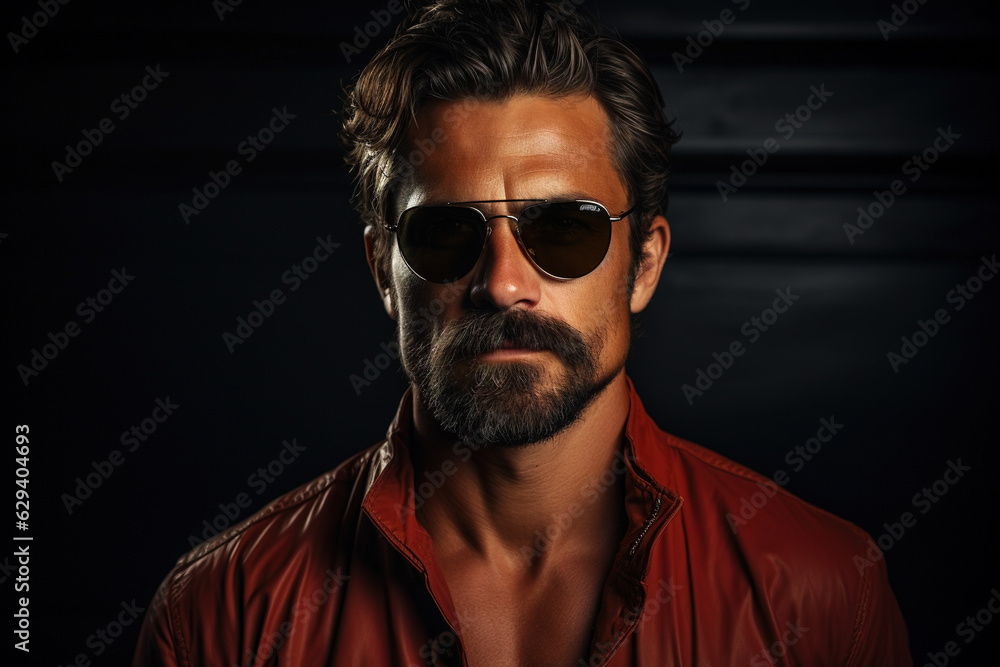 Neon light studio close-up portrait of serious man model with mustaches and beard in sunglasses and white t-shirt on dark studio background. Neon light studio close-up portrait of serious man model with mustaches and beard in sunglasses and white t-shirt on dark studio background.