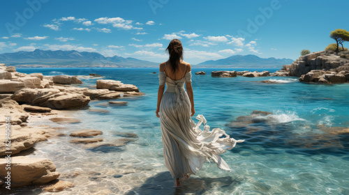 Greek goddess standing majestically against the backdrop of a blue sea and a blue sky.